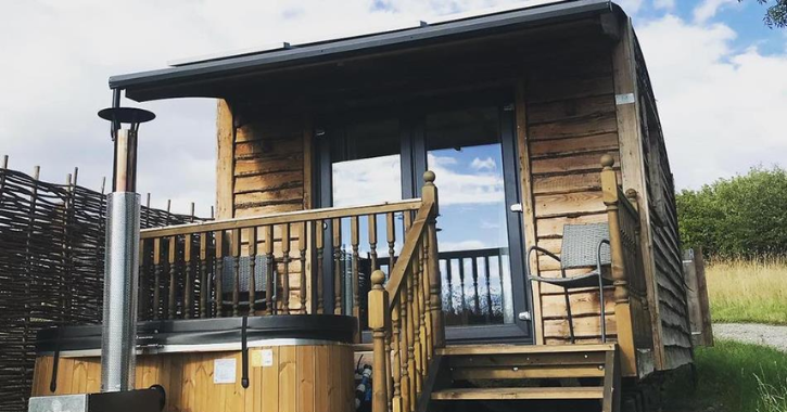 View of shepherd hut and hot tub at Cheesedale, near Bishop Auckland.
